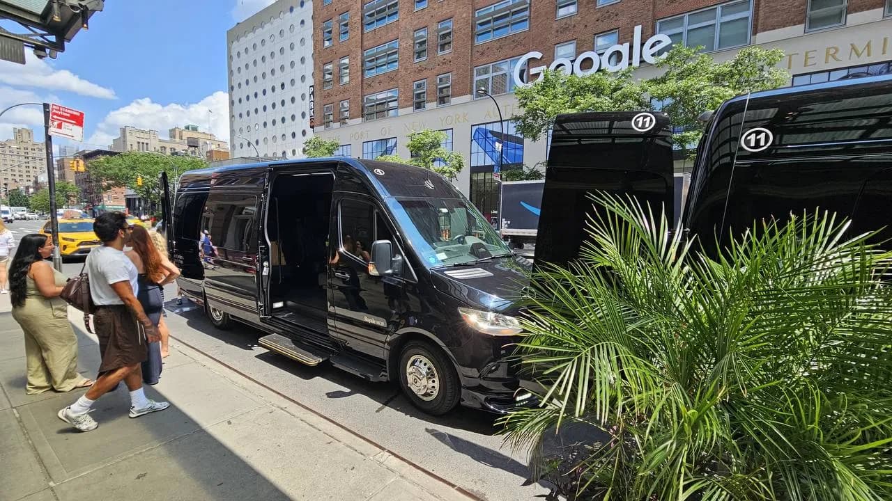 Two King & Queen Limo Mercedes Sprinter vans waiting for passengers in Chelsea, Manhattan
